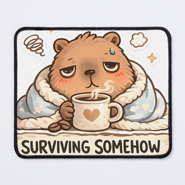Item preview, Surviving Somehow Tired Capybara Coffee Sticker – Funny Relatable Kawaii Exhausted Mood designed and sold by veralchhaya.