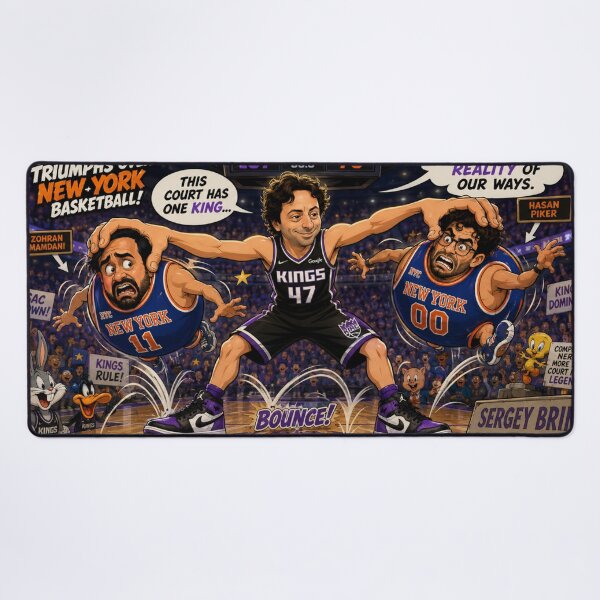 Item preview, Cartoon Basketball Showdown: Sergey Brin vs. Hasan Piker & Zohran Mamdani designed and sold by Uniqueartai.