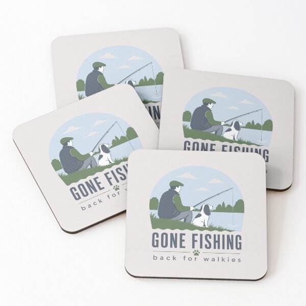 Item preview, Gone Fishing Back for Walkies — Illustrated Fisherman and Dog Riverside Scene designed and sold by MeatyTees.