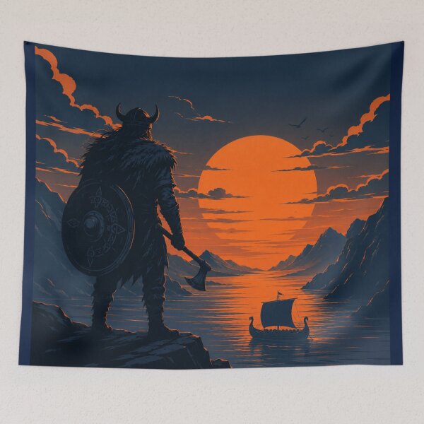 Item preview, Viking Warrior Sunset Nordic Landscape | Epic Scandinavian Fantasy Art designed and sold by irfanshikh.