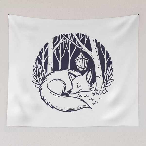 Item preview, fox sleeping in forest library surrounded by glowing lanterns designed and sold by Senglaopattern.