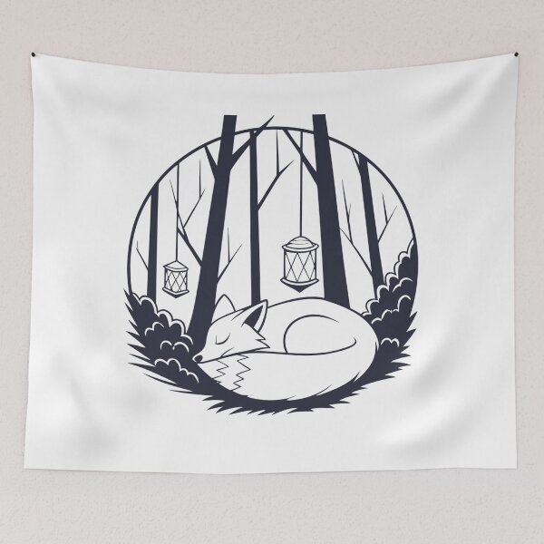 Item preview, fox sleeping in forest library surrounded by glowing lanterns designed and sold by Senglaopattern.