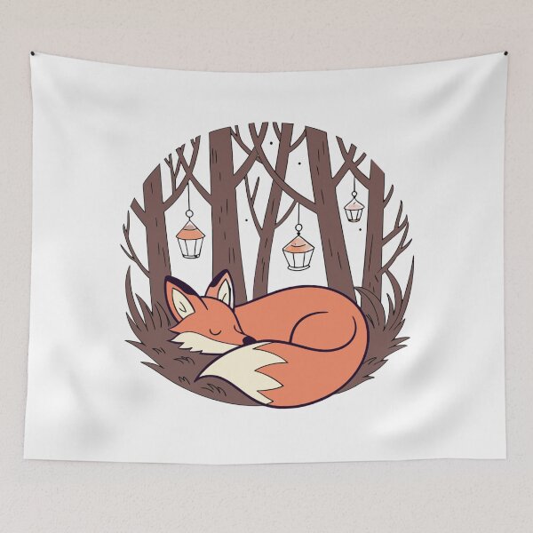 Item preview, fox sleeping in forest library surrounded by glowing lanterns designed and sold by Senglaopattern.