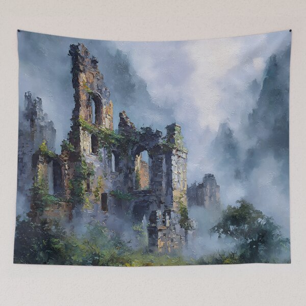 Item preview, Mystical Ruined Castle in Fog Fantasy Landscape Painting | Dark Fantasy Gothic Ruins Art designed and sold by cr6zym1nd.