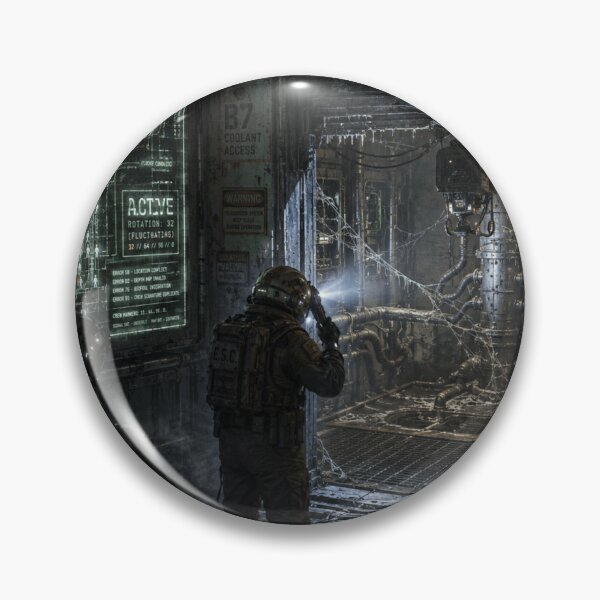 Item preview, Sci-Fi Maintenance Bay Horror Art | Industrial Space Station Corridor and Hazard Suit Team Print designed and sold by Element Horizon Studio.