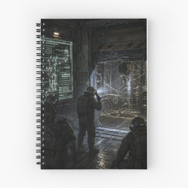 Item preview, Sci-Fi Maintenance Bay Horror Art | Industrial Space Station Corridor and Hazard Suit Team Print designed and sold by Element Horizon Studio.