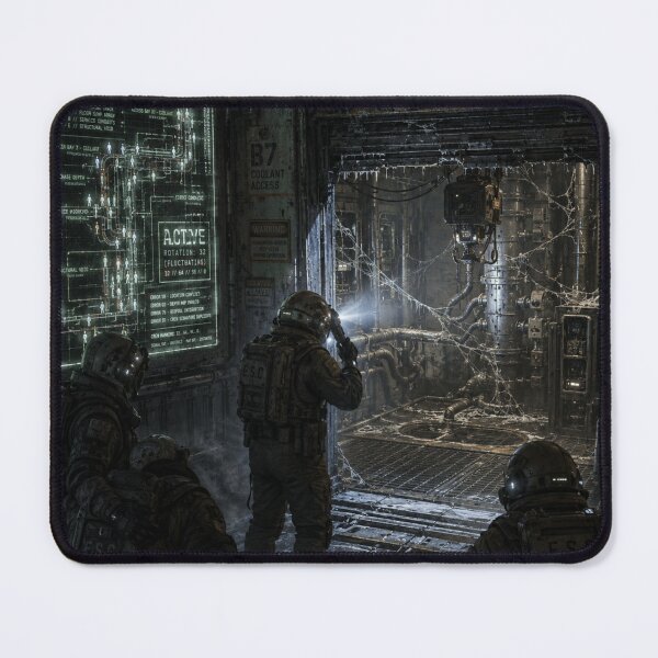 Item preview, Sci-Fi Maintenance Bay Horror Art | Industrial Space Station Corridor and Hazard Suit Team Print designed and sold by Element Horizon Studio.