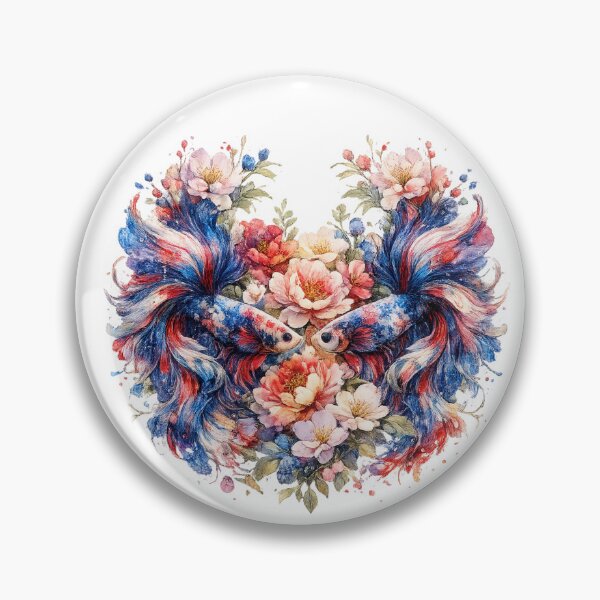 Item preview, Patriotic Red Blue Betta Fish Couple Watercolor, Heart Shape Floral Siamese Fighting Fish Art designed and sold by Panom Suavichien.