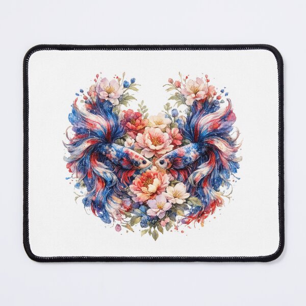 Item preview, Patriotic Red Blue Betta Fish Couple Watercolor, Heart Shape Floral Siamese Fighting Fish Art designed and sold by Panom Suavichien.