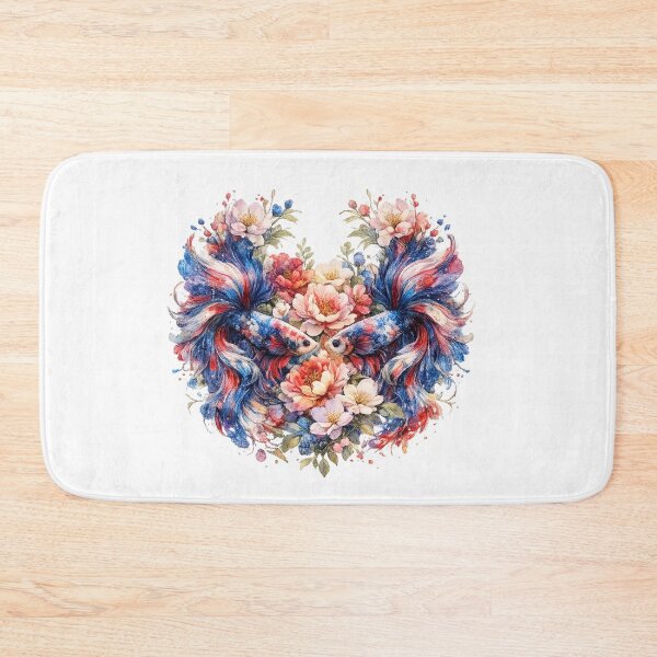 Item preview, Patriotic Red Blue Betta Fish Couple Watercolor, Heart Shape Floral Siamese Fighting Fish Art designed and sold by Panom Suavichien.
