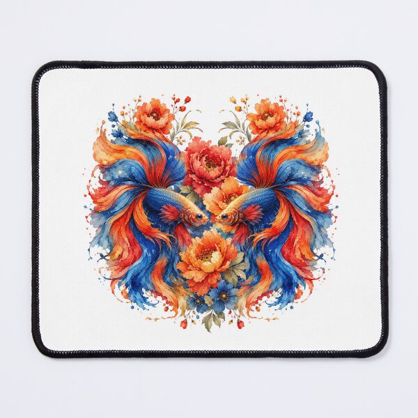 Item preview, Red Orange Betta Fish Couple Watercolor, Heart Shape Floral Siamese Fighting Fish Art designed and sold by Panom Suavichien.