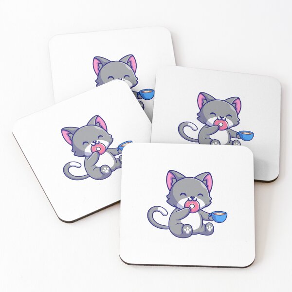Item preview, Cute Cat Eating Donut and Drinking Coffee Cartoon designed and sold by Shichiro	 ilang.