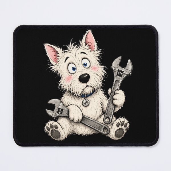Item preview, Funny Mechanic Dog Cartoon | Cute White Terrier with Wrenches designed and sold by SlocifieShop.