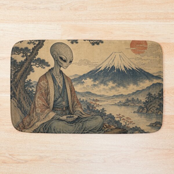 Item preview, Alien Zen — Japanese Ukiyo-e Meditation  Art Print With Mount Fuji designed and sold by CosmicUkiyo.