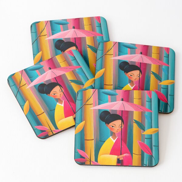 Item preview, Elegant Woman Under Pink Umbrella Among Bamboo designed and sold by Artessie.