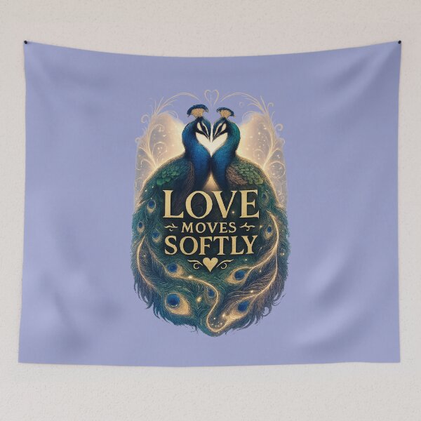 Item preview, Love Moves Softly, Romantic Peacock Aesthetic Quote Design designed and sold by JagrDesigns.