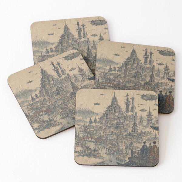 Item preview, Future Edo — Japanese Ukiyo-e Steampunk  Cityscape Art Print designed and sold by CosmicUkiyo.