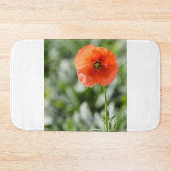 Item preview, Orange Poppy Flower Blooming on Tall Stem Against Soft Green Bokeh Background designed and sold by Nmallia.