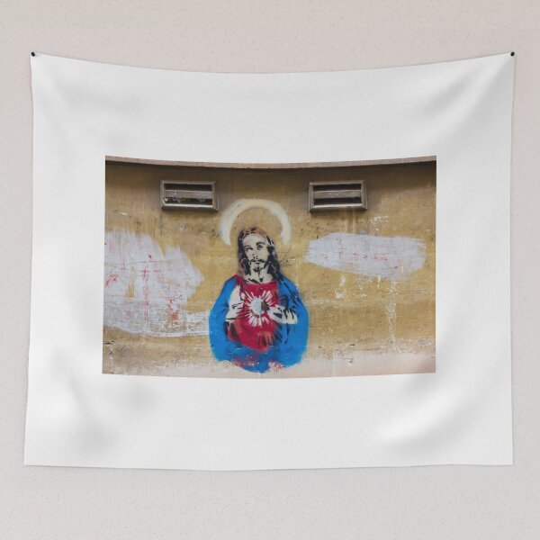 Item preview, Graffiti Mural of Jesus With Sacred Heart on Weathered Urban Wall Street Art designed and sold by Nmallia.