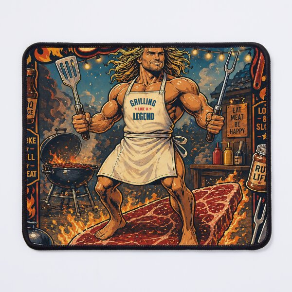 Item preview, Muscle beach surfer dude funny BBQ grilling steak surfboard designed and sold by BigMRanch.