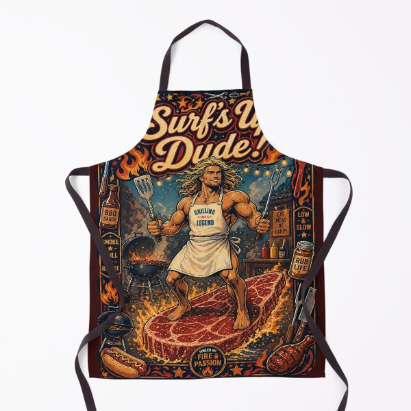 Item preview, Muscle beach surfer dude funny BBQ grilling steak surfboard designed and sold by BigMRanch.