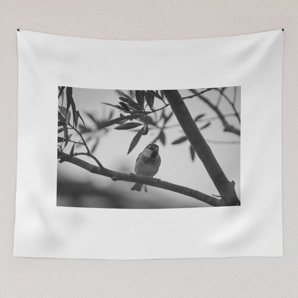 Item preview, Perched Sparrow on Tree Branch in Black-and-White Close-Up Wildlife Portrait designed and sold by Nmallia.