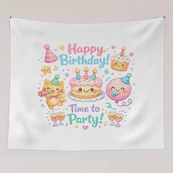 Item preview, Pastel Cute Happy Birthday Watercolor Icon Bundle – Kawaii Birthday Cake Cat Balloon PNG designed and sold by Nusha Creations.