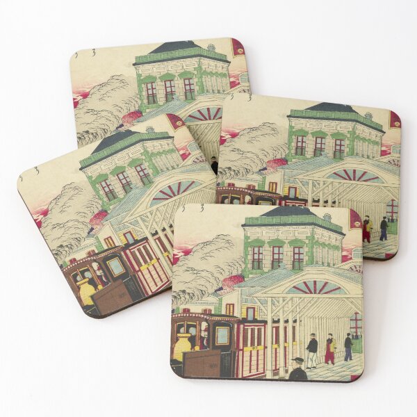 Item preview, Meiji Era Japanese Railway Station – Vintage Steam Train Ukiyo-e Illustration designed and sold by vekotpu.