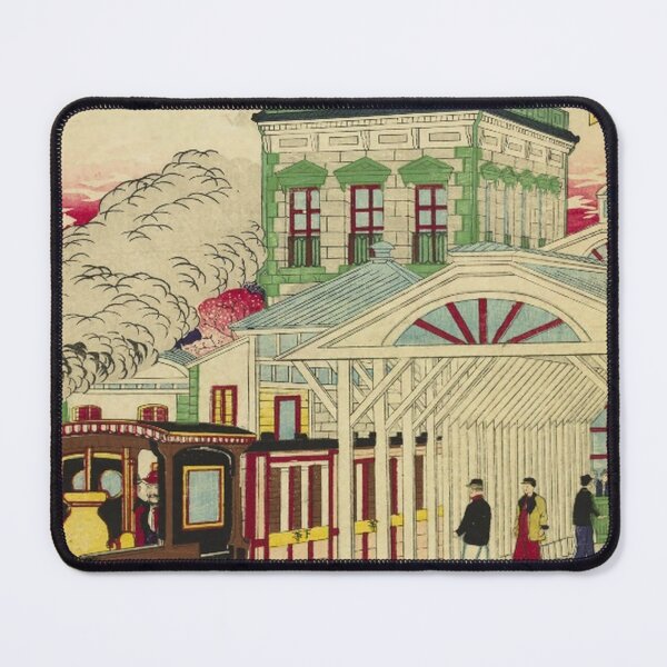 Item preview, Meiji Era Japanese Railway Station – Vintage Steam Train Ukiyo-e Illustration designed and sold by vekotpu.