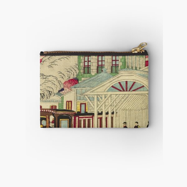 Item preview, Meiji Era Japanese Railway Station – Vintage Steam Train Ukiyo-e Illustration designed and sold by vekotpu.