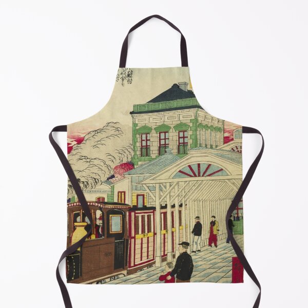 Item preview, Meiji Era Japanese Railway Station – Vintage Steam Train Ukiyo-e Illustration designed and sold by vekotpu.