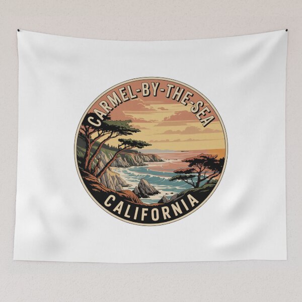 Item preview, Carmel Beach California: Vintage Sunset Cliffside Illustration designed and sold by CircinusStore.