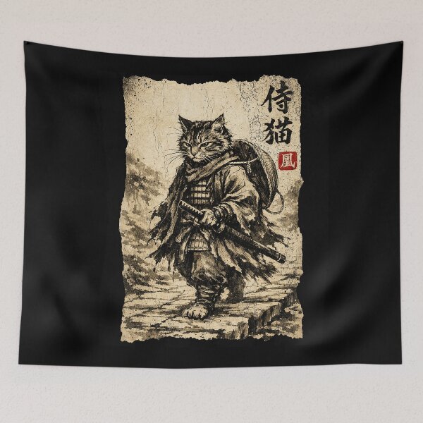 Item preview, Vintage Samurai Cat Ronin Wandering Warrior Ink Wash designed and sold by titanlevi.