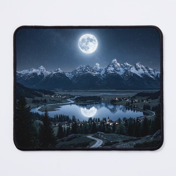 Item preview, Full Moon Mountain Lake Reflection Night Village Landscape designed and sold by novadawy.