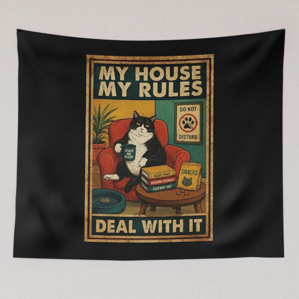 Item preview, My House My Rules Funny Cat Attitude Vintage Retro Poster designed and sold by eliramaison.