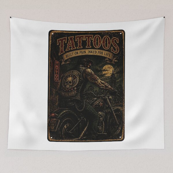 Item preview, Vintage Tattoo Biker Moonlit Motorcycle Rider Illustration designed and sold by Modaozushi216.