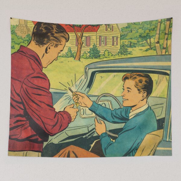Item preview, 1950s New Driver Moment – Dad Giving Teen the Car Keys Retro Comic Art designed and sold by Analog Aura .
