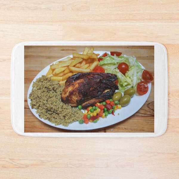 Item preview, Roasted Chicken Plate With Salad, Mixed Vegetables, Fries and Couscous Pilaf on Wooden Table designed and sold by Nmallia.