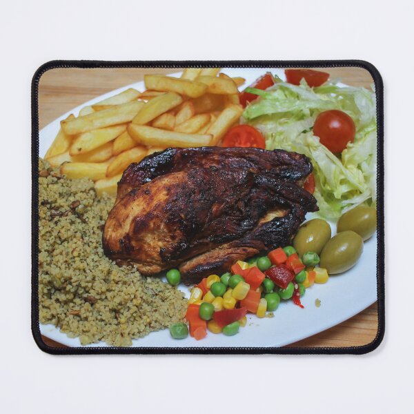 Item preview, Roasted Chicken Plate With Salad, Mixed Vegetables, Fries and Couscous Pilaf on Wooden Table designed and sold by Nmallia.