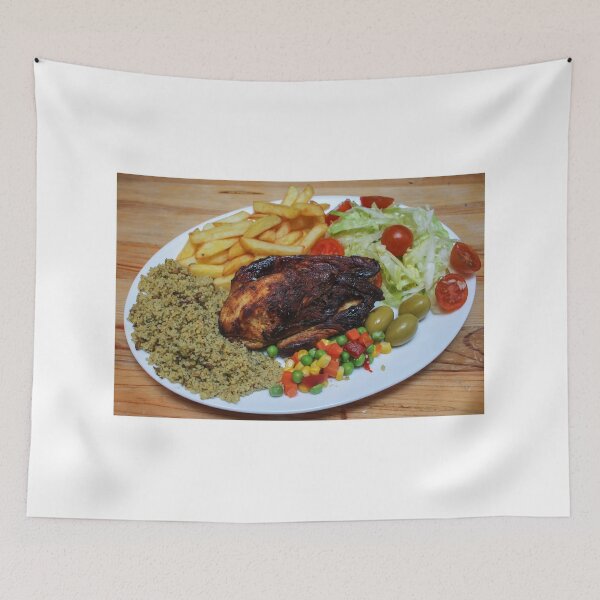 Item preview, Roasted Chicken Plate With Salad, Mixed Vegetables, Fries and Couscous Pilaf on Wooden Table designed and sold by Nmallia.
