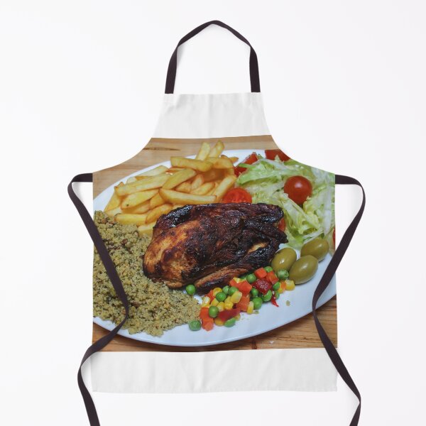 Item preview, Roasted Chicken Plate With Salad, Mixed Vegetables, Fries and Couscous Pilaf on Wooden Table designed and sold by Nmallia.