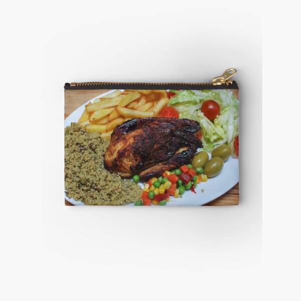 Item preview, Roasted Chicken Plate With Salad, Mixed Vegetables, Fries and Couscous Pilaf on Wooden Table designed and sold by Nmallia.