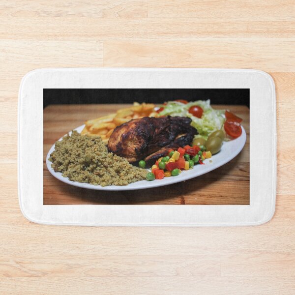 Item preview, Roasted Chicken Plate With Salad, Mixed Vegetables, Fries and Couscous Pilaf on Wooden Table designed and sold by Nmallia.