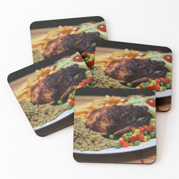 Item preview, Roasted Chicken Plate With Salad, Mixed Vegetables, Fries and Couscous Pilaf on Wooden Table designed and sold by Nmallia.
