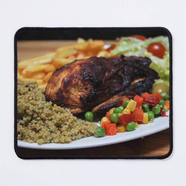 Item preview, Roasted Chicken Plate With Salad, Mixed Vegetables, Fries and Couscous Pilaf on Wooden Table designed and sold by Nmallia.