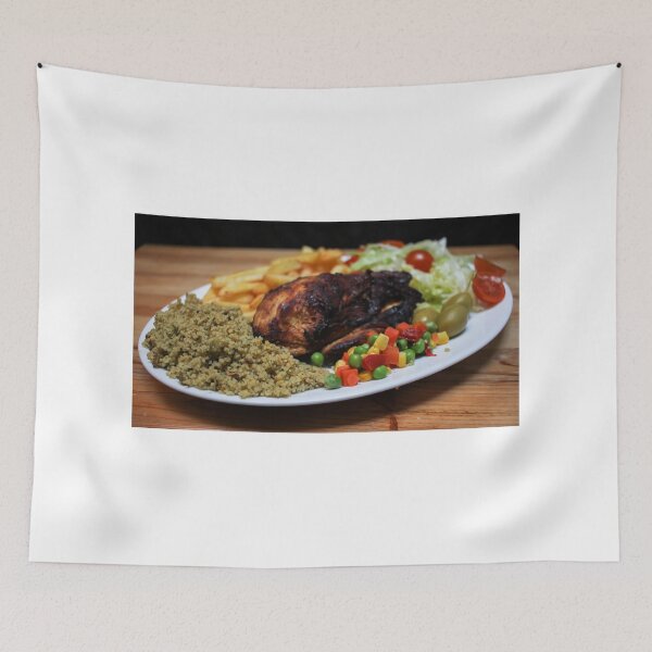 Item preview, Roasted Chicken Plate With Salad, Mixed Vegetables, Fries and Couscous Pilaf on Wooden Table designed and sold by Nmallia.