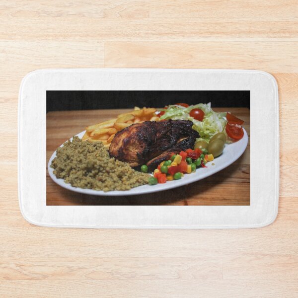 Item preview, Roasted Chicken Plate With Salad, Mixed Vegetables, Fries and Couscous Pilaf on Wooden Table designed and sold by Nmallia.