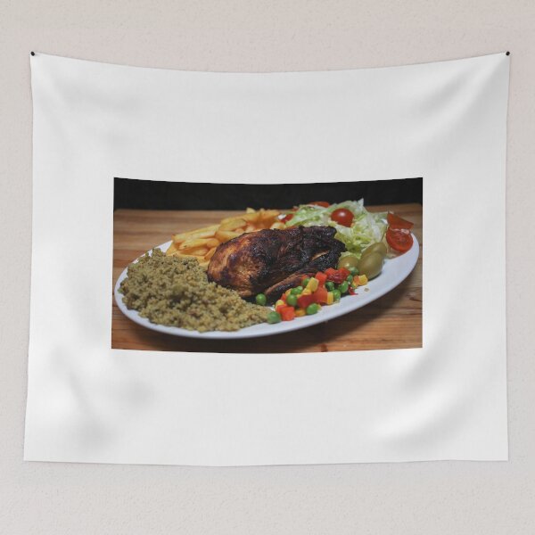 Item preview, Roasted Chicken Plate With Salad, Mixed Vegetables, Fries and Couscous Pilaf on Wooden Table designed and sold by Nmallia.