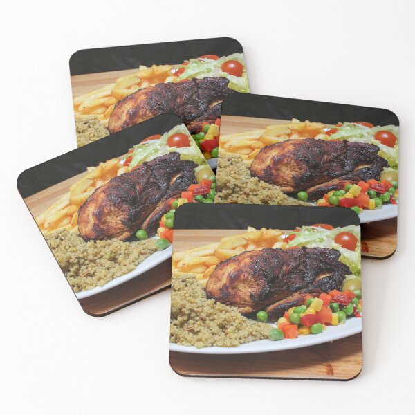 Item preview, Roasted Chicken Plate With Salad, Mixed Vegetables, Fries and Couscous Pilaf on Wooden Table designed and sold by Nmallia.