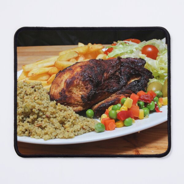 Item preview, Roasted Chicken Plate With Salad, Mixed Vegetables, Fries and Couscous Pilaf on Wooden Table designed and sold by Nmallia.